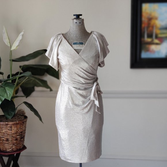 Lauren Ralph Lauren Dresses & Skirts - Lauren Ralph Lauren Champagne Sliver Surplice Dress size 2